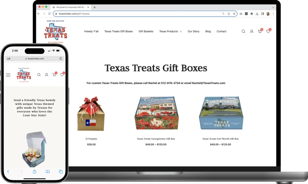 Texas Treats website on a mobile and desktop device.