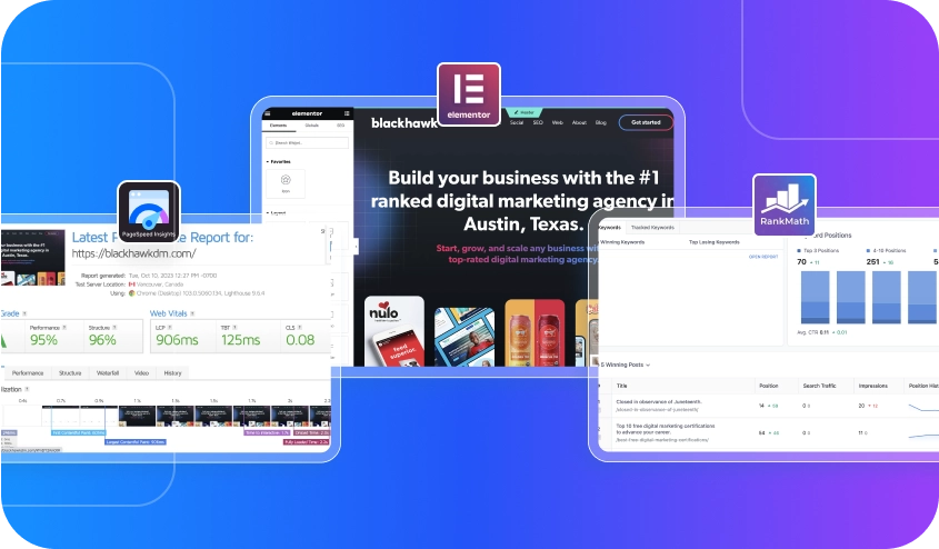 Examples of web development tools used by Blackhawk – Elementor, Rankmath, and PageSpeed Insights.