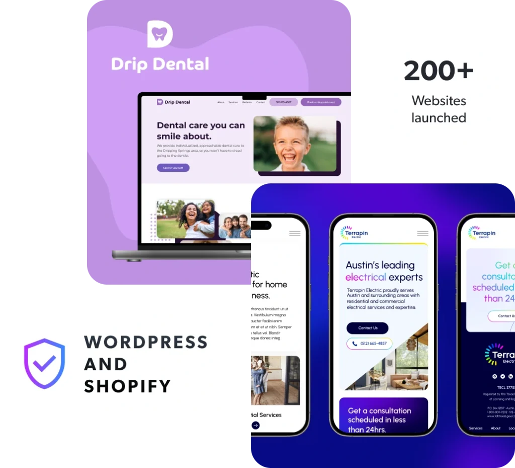 Web Development 1 Two web development examples, as well as a callout for WordPress and Shopify development.