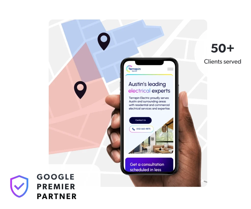 Geofencing 1 A hand holds a mobile device with a website pulled up. Behind it is a map with geofencing.