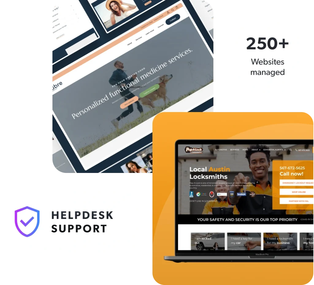 Web Hosting & Support 1 Two websites on laptop screens, with a callout for Helpdesk support.