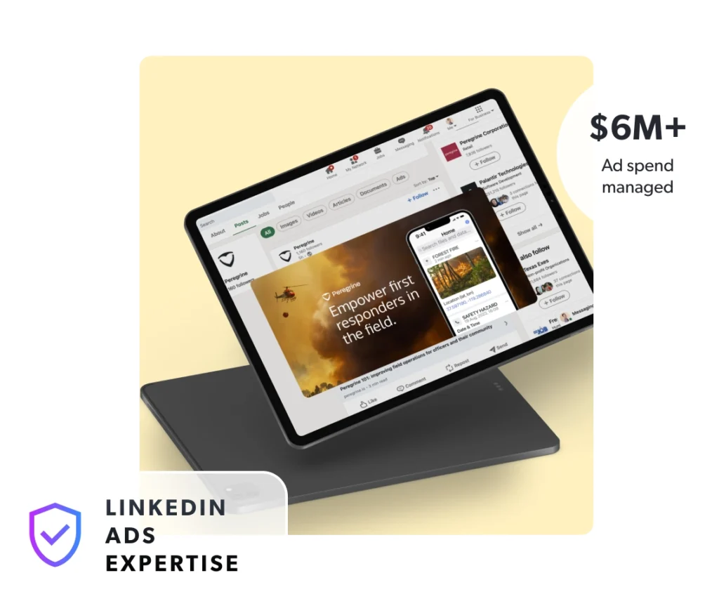 LinkedIn Ads 1 A tablet with a mockup of a LinkedIn ad, showcasing Blackhawk's marketing services.