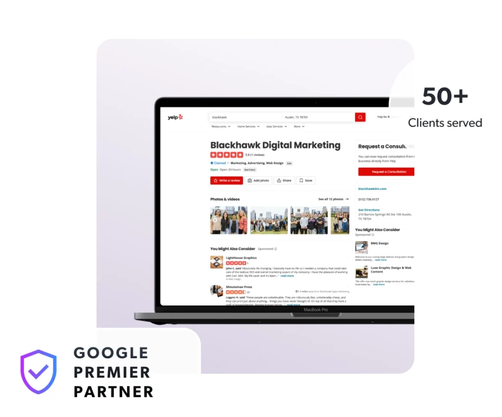 Off-page SEO 1 Laptop with Blackhawk's Yelp profile, off-site SEO cover image.