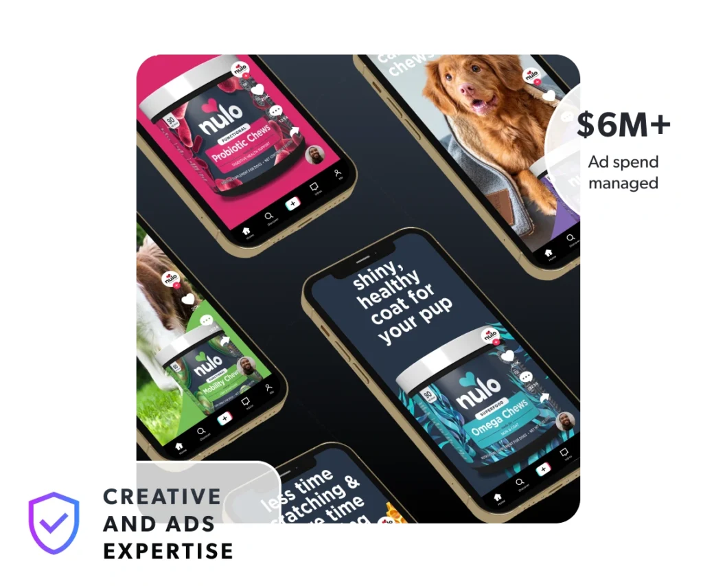 TikTok Ads 1 Several phones with TikTok open, showing Blackhawk's TikTok ad expertise.
